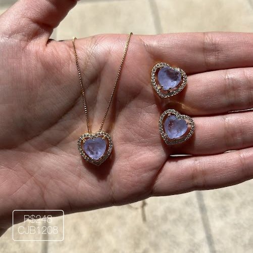 Conjunto De Coração Roxo Fusion Cravejado Cristal Dourado